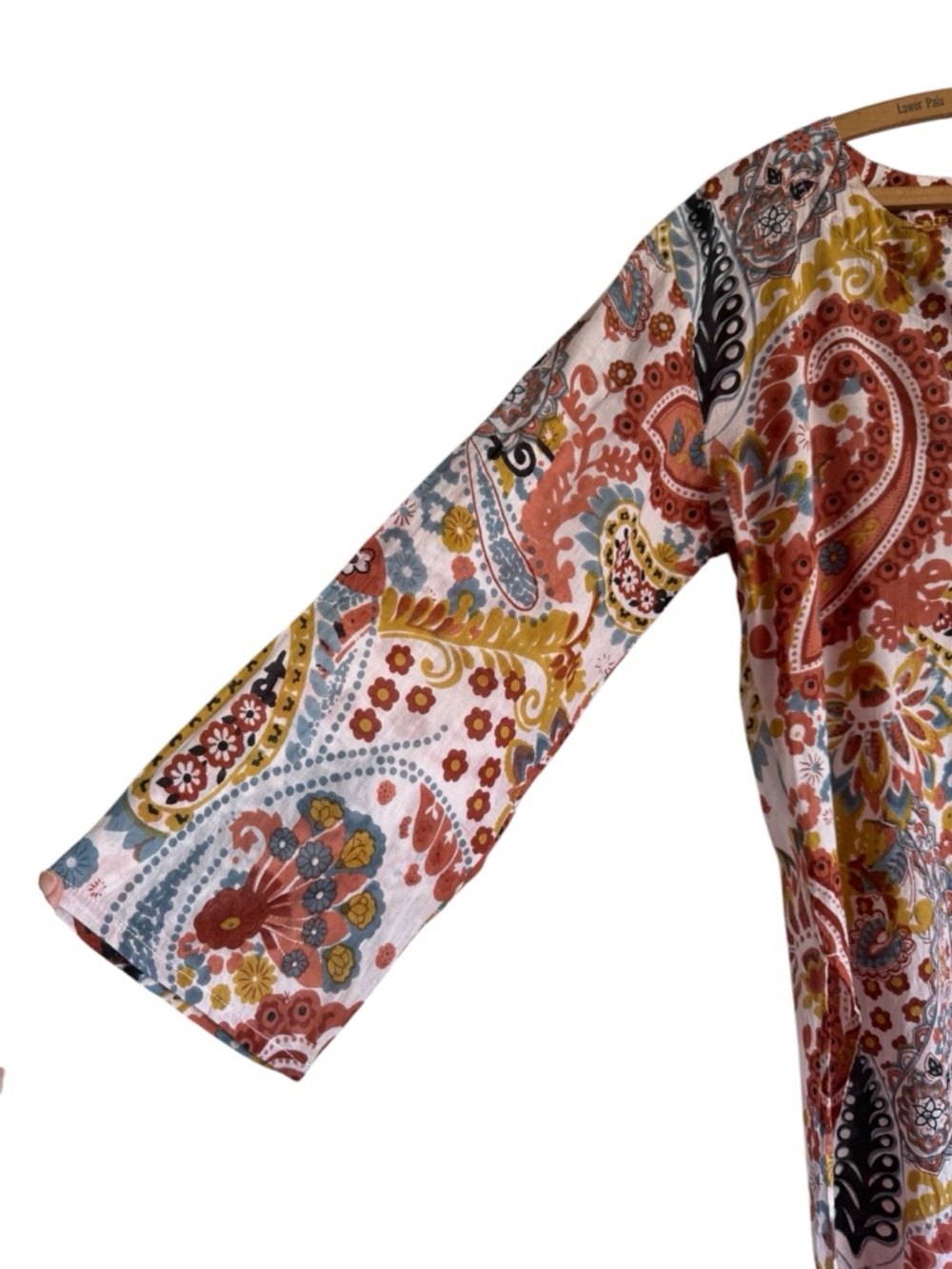 Lightweight Cotton Block Print Tunic Split Hem V Neck Paisley Print Earth Tones - Picture 2 of 9